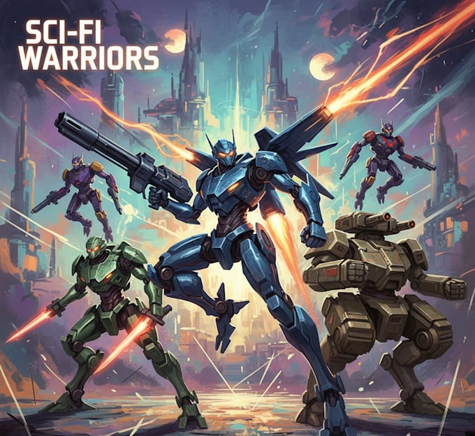 draw a gundam and mecha robot concept art