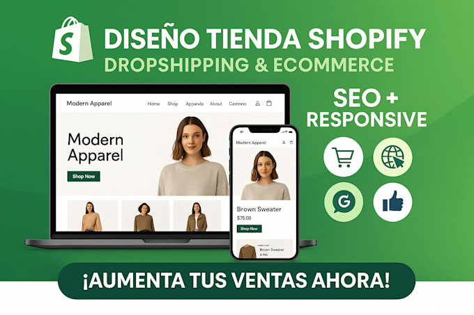 diseño de tienda shopify, dropshipping ecommerce y creación de sitio web