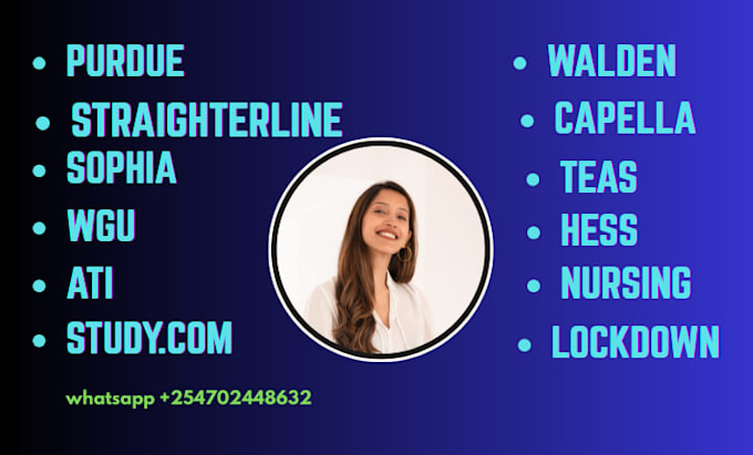 help with purdue, ati, sophia, wgu, walden, teas, studycom, capella,