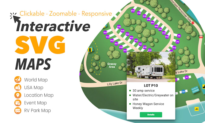 clickable interactive vector or svg map of USA, site plan, rv park, world map