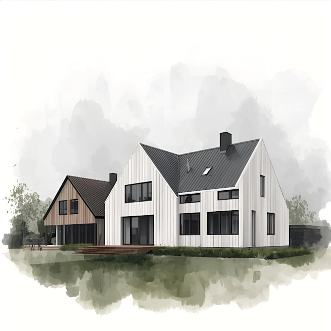 sketch architecture building with watercolor rendering