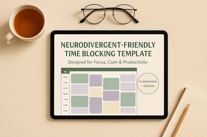 design a neurodivergent friendly time blocking template for better focus