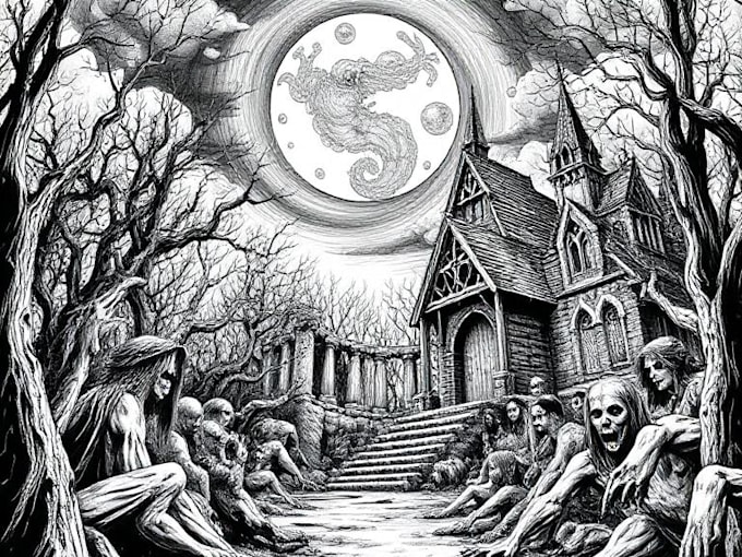 draw horror and gothic line art illustrations