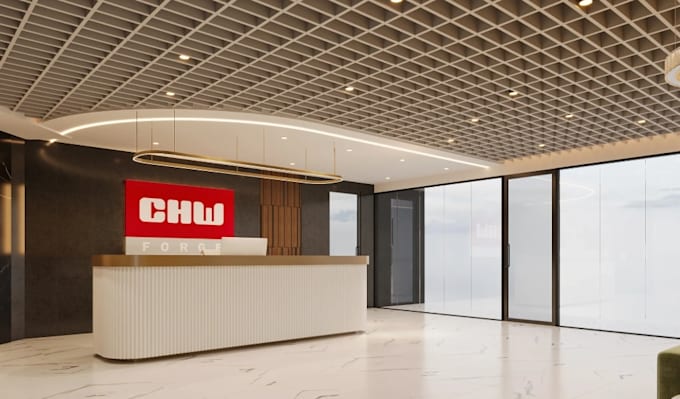 renovate modern office interior,commercial space, cgi reception,desk walkthrough