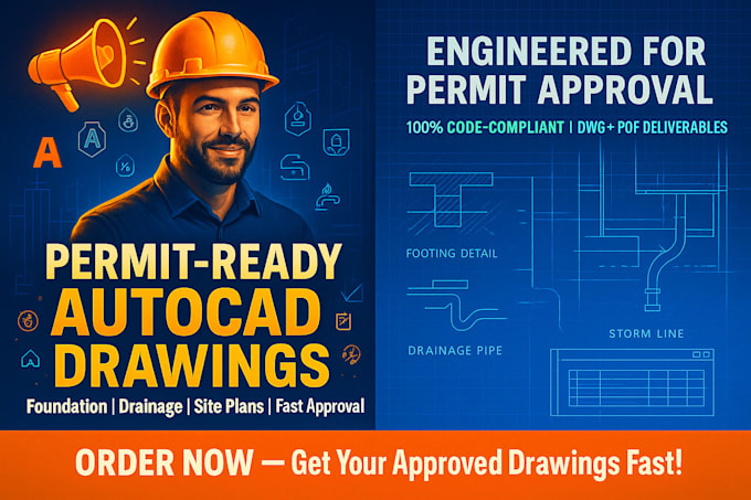 design permit ready autocad drawing, site plan, foundation and drainage plan