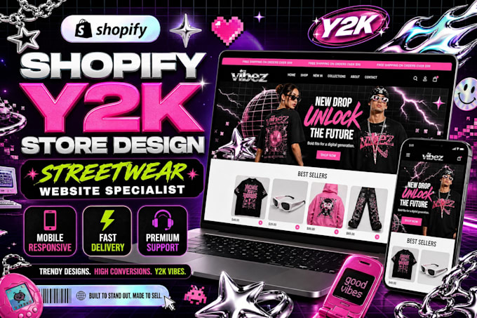 design y2k shopify clothing store, streetwear website, fashion brand redesign