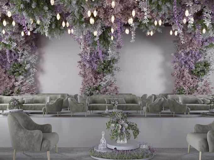 retouch 3d wedding interior decoration,droping flowers,pattern hall render,setup
