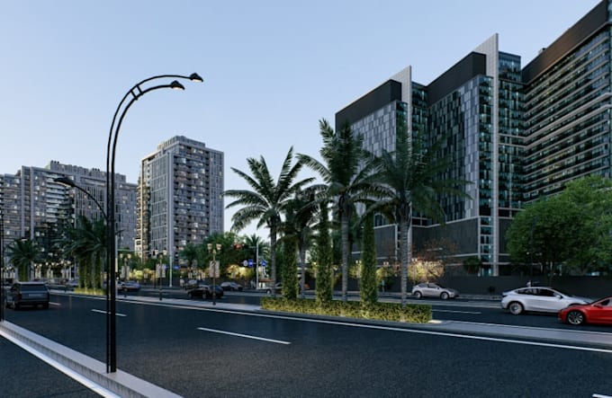 render skyscraper building, real estate, highrise exterior, cityscape, mixed use