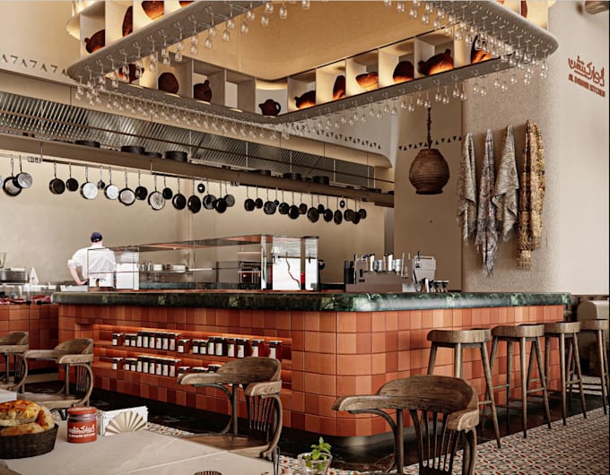 remodel 3d restaurant rooftop,site planning,kitchen layout,cozy bakery interior