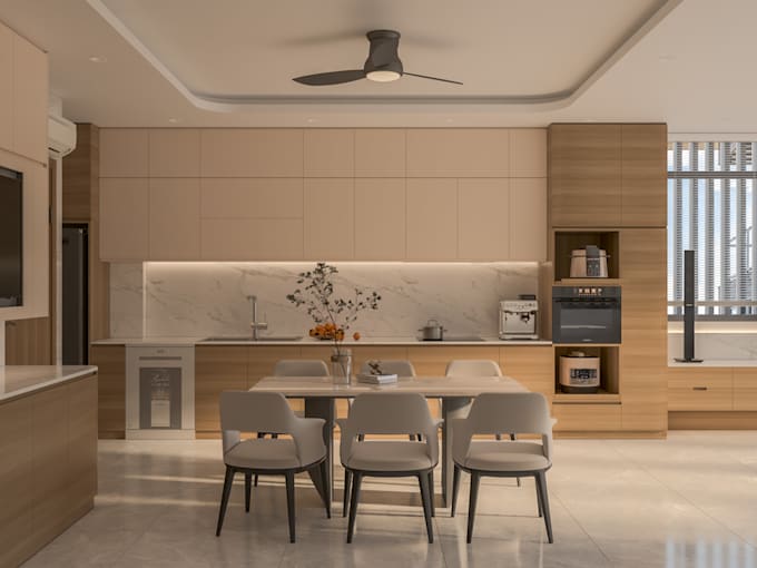 design modern kitchen and living room with 3d render