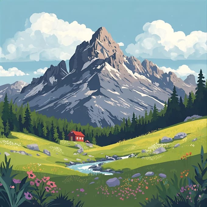 draw landscape illustration in colored