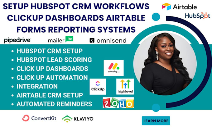 setup hubspot CRM workflows clickup dashboards airtable forms reporting systems