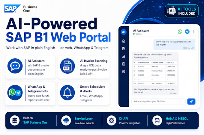 develop sap b1 web portal with custom integration, API, and realtime sync