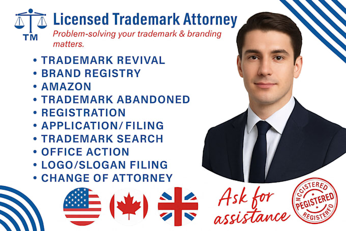 be your uspto licensed trademark attorney, trademark filing, renewal, revive,sou