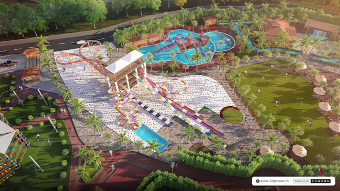 design a realistic 3d amusement or theme park master layout