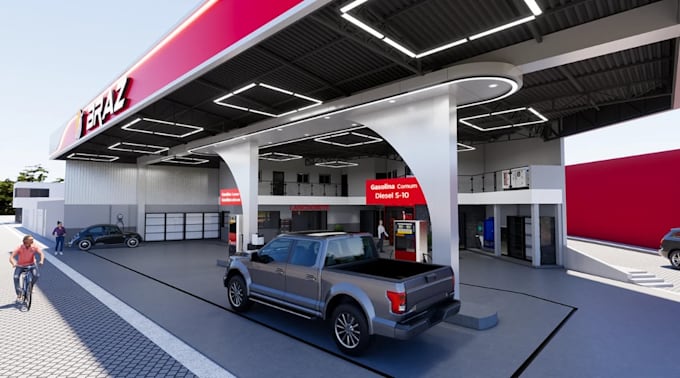 redesign3d gas station,fuel pump,charging station,parking space render,landscape
