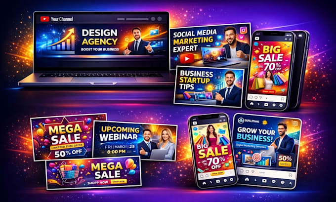 design eye catching youtube thumbnails and social media banners