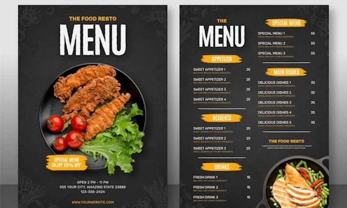 design digital TV menu boards, restaurant menus, food flyers and menu rebranding