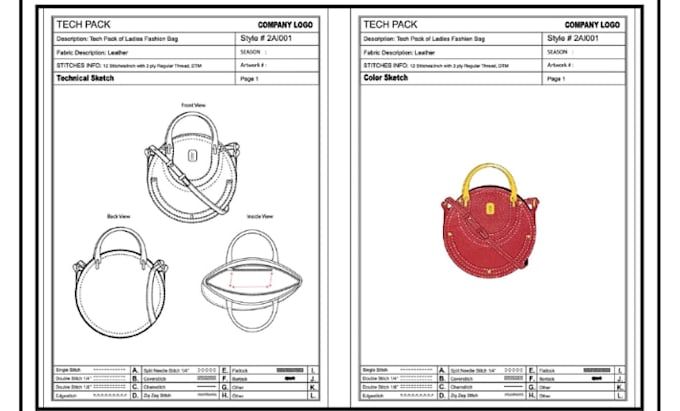 design a professional crossbody bag tech pack with pattern and spec sheet