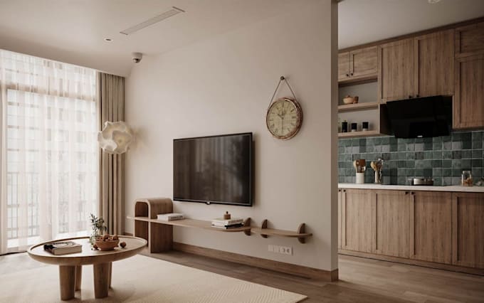 redesign 3d apartment interior visualization, cgi rendering, livingroom, kitchen