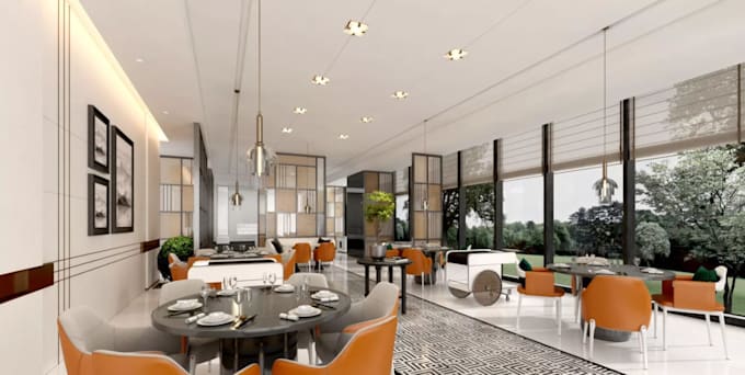 do 3d restaurant interior design, coffee shop, bar, cafe, ghost kitchens layout