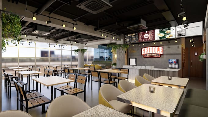 hand draw plan to 3d model,griddle restaurant design,grocery store,cgi interior