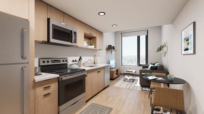 remodel modern kitchen,furniture layout,studio apartment design,dining,rendering