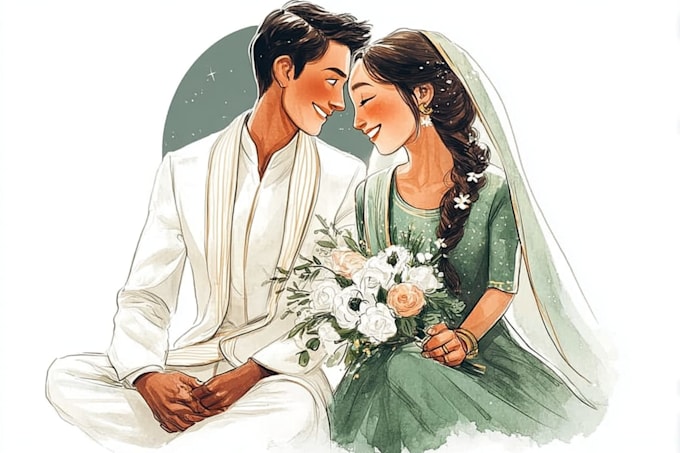 draw watercolor young couple portrait