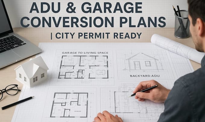 design garage conversion, adu, jadu, deck, and architectural plans