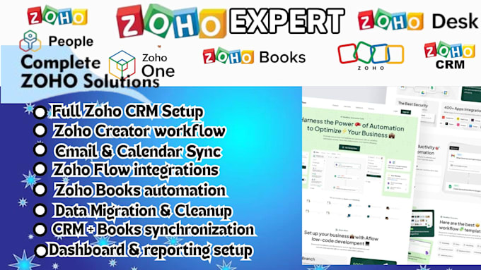 setup zoho CRM  zoho books automation zoho creator workflows and data migration