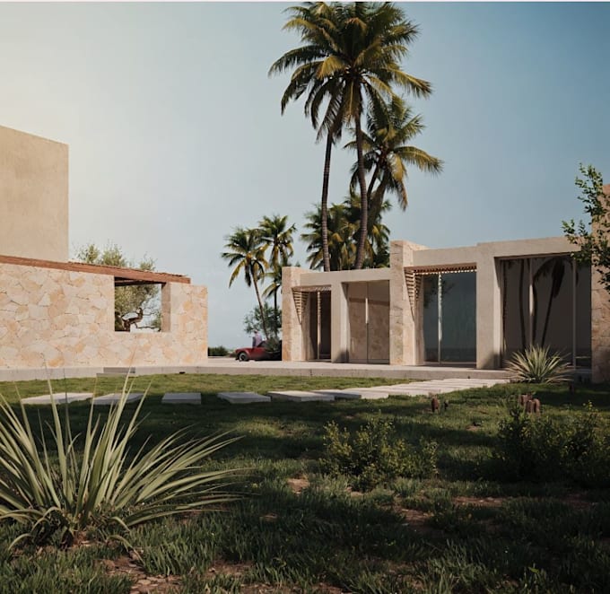 luxury beach villa design,elevation plan render, backyard rendering,pool design