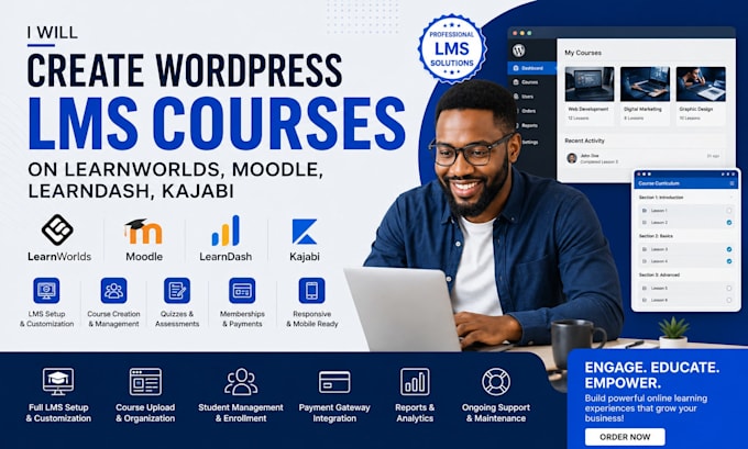 create wordpress lms course on learnworlds, moodle, learndash, kajabi