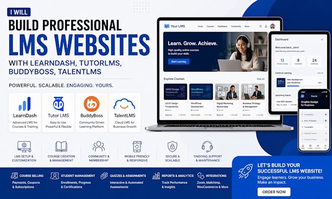 build lms website with leardash, tutorlms, buddyboss, talentlms
