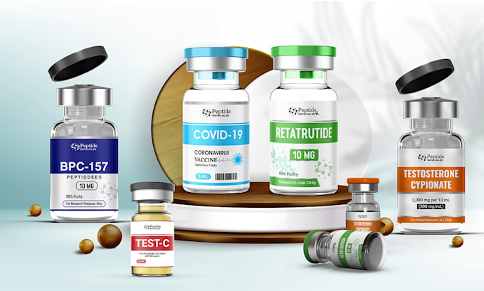 design peptide, vial, product label design, 3d mockup