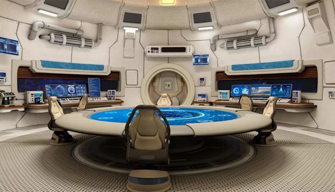 design spaceship command center, sci fi cockpit, cargo bays, lab props, core,skp