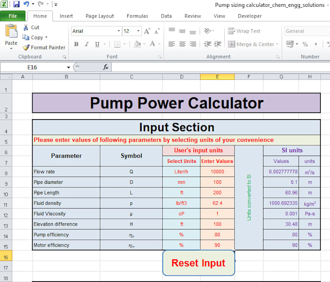 create process design calculator in excel