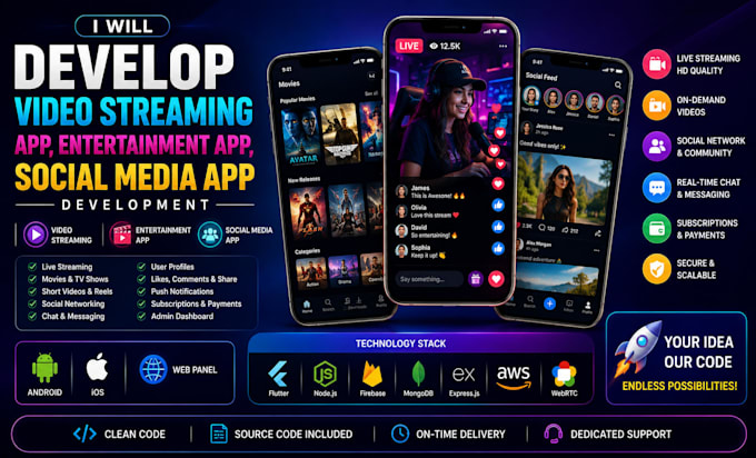 develop video streaming app, entertainment app, social media app development