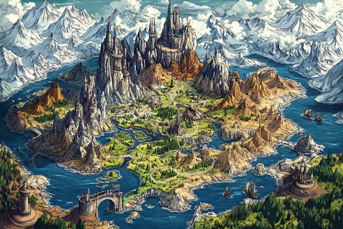 hand drawn vector fantasy map illustration