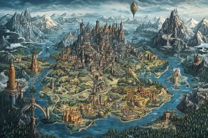 illustrate medieval fantasy and sci fi maps