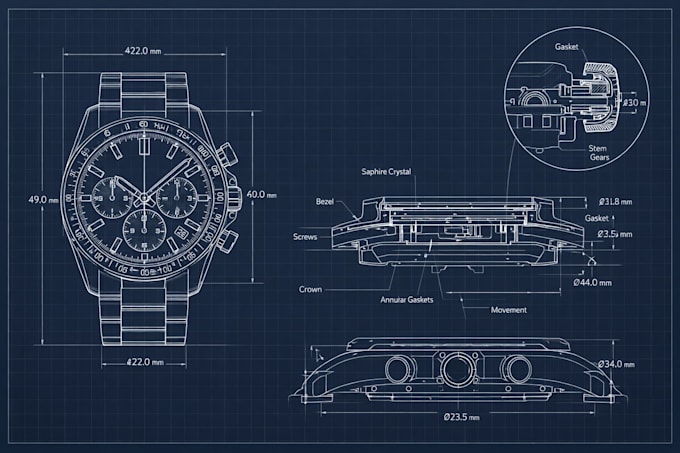 create manufacturing ready watch cad design with technical drawing