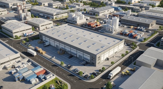 do 3d warehouse design, factory design, industrial space with rendering