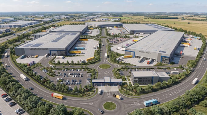 create 3d warehouse, data center, factory building logistics site