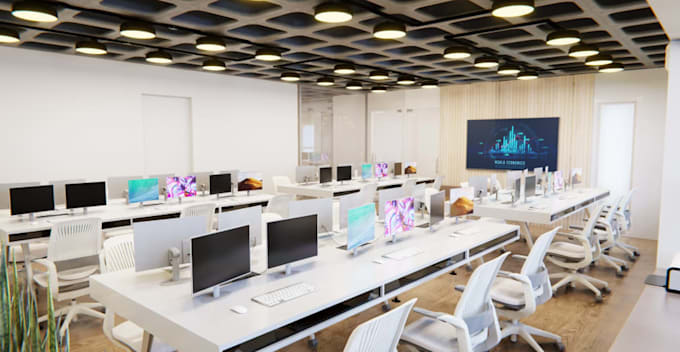 renovate office interior,cgi furniture render, computer lab setup,celling light