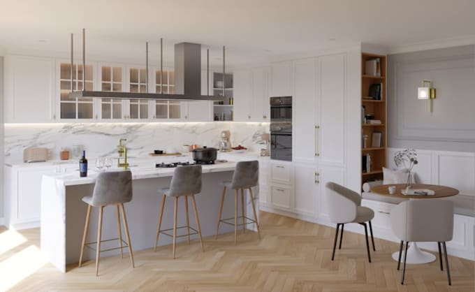 redesign kitchen interior,cgi apartment render,furniture layout, pendant lighten
