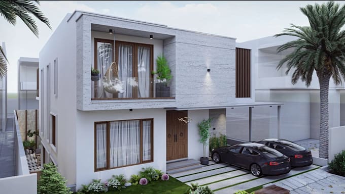 remodel contemporary cantilevered apartment backyard landscape, facade rendering