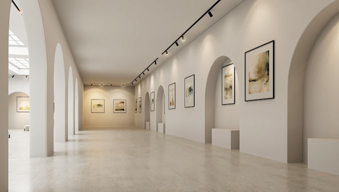 design 3d art gallery,museum with layout,lighting, and display design,decor,vr