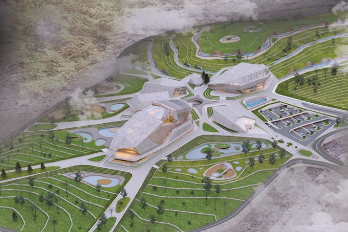 redesign site plan layout,modern building design,master plan rendering,landscape