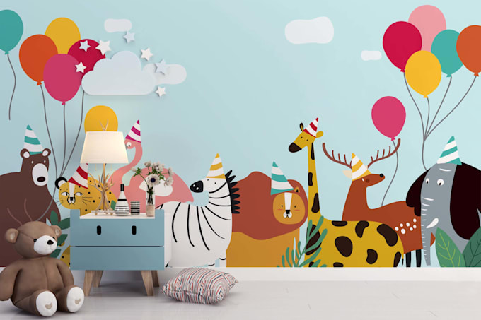 draw colourful wall mural for kids room