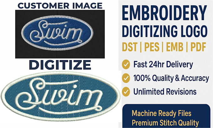 professionally digitize your logo for embroidery into dst, pes, emb files