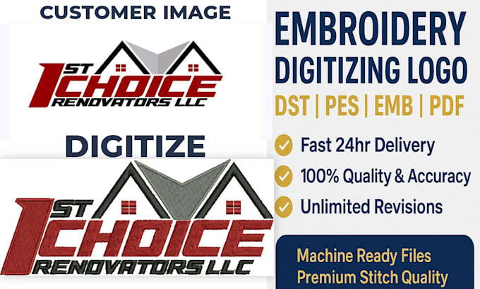 professionally digitize your logo into dst, pes, emb embroidery files